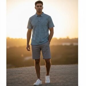 Linksoul Men’s XL Blue Striped Polo Shirt Tempus Fugit Cotton Casual Golf Style